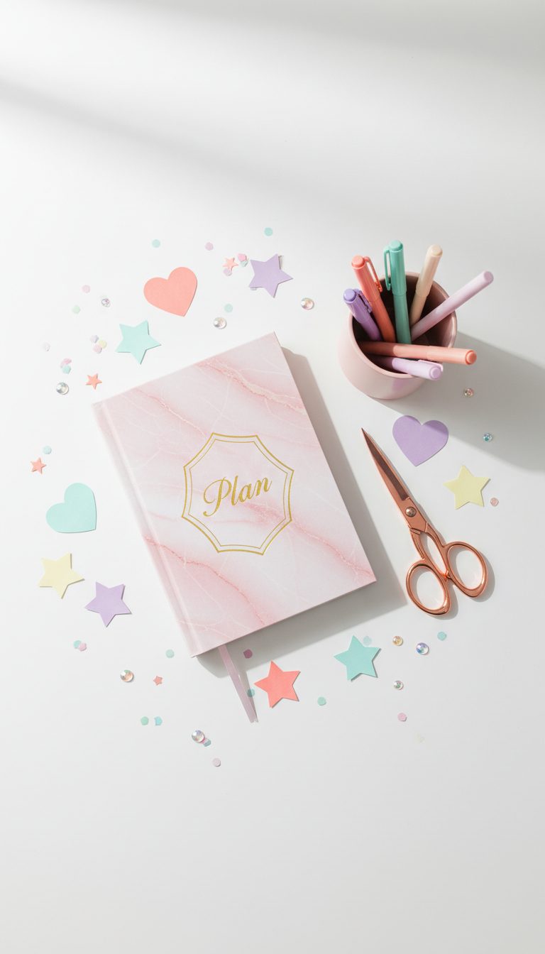 An inviting flatlay of event planning essentials, including a pastel-pink marble notebook with a gold-embossed 'Plan' emblem, shiny rose gold scissors, a round blush-hued pen holder, and playful sticky notes shaped like hearts and stars. These items are arranged on a smooth, white desk surface sprinkled with bits of confetti and a scattering of tiny iridescent gems. Overhead diffused daylight creates soft, natural highlights, contributing to an inspiring and energetic mood. The shot is taken from a directly overhead, bird's-eye perspective, highlighting the rounded forms and vibrant color palette in a bright, clean photographic style perfect for a modern event planning interface.